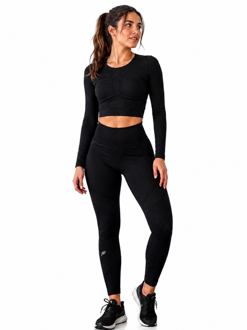 Fabletics Black Seamless Long Sleeve Crop Top & High Rise Leggings Set - Size L